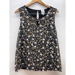 Naïf Women Floral Sleeveless Blouse Rhinestone Ring V-Neck Black XL 0490004